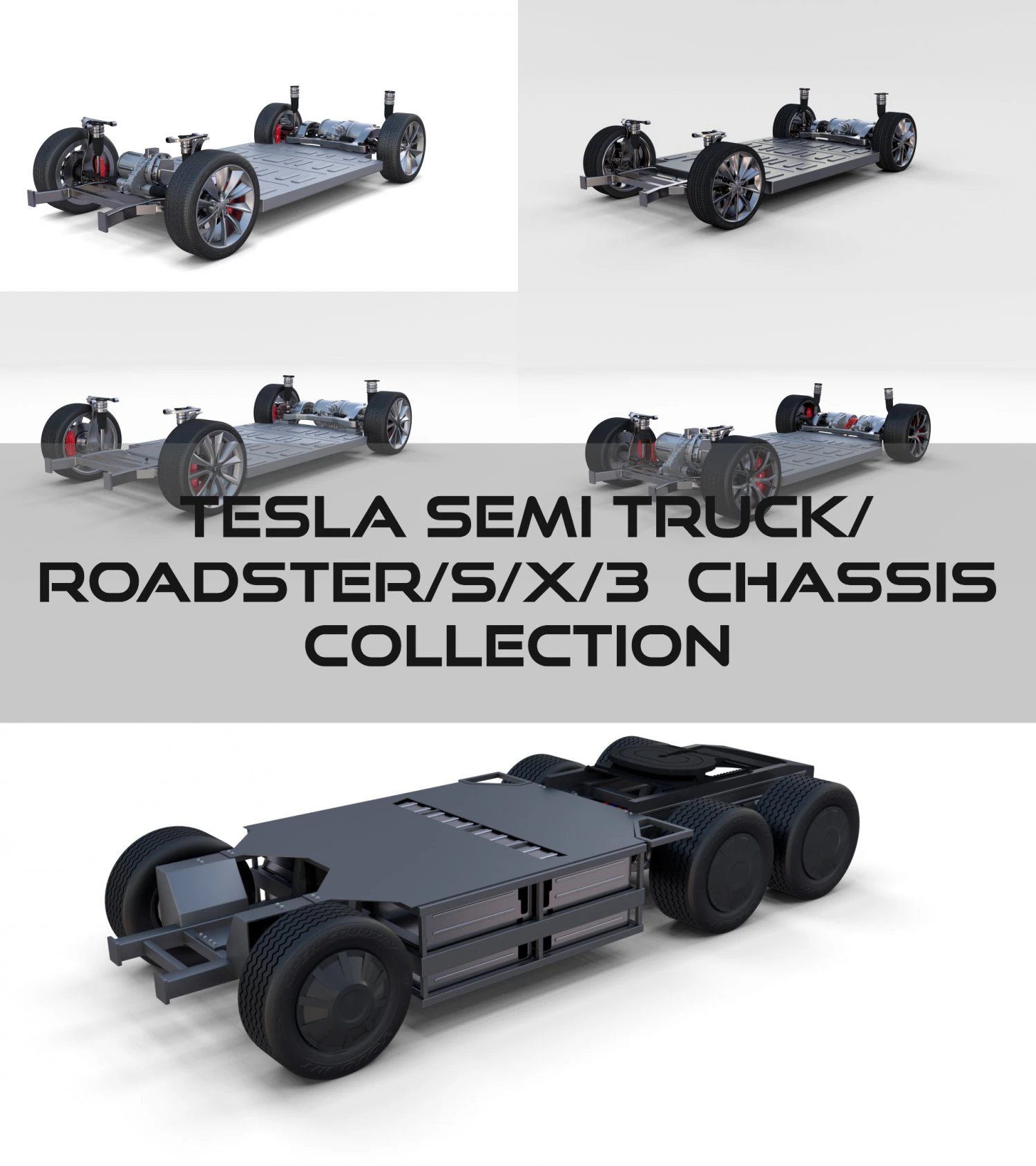 tesla chassis packsemi roadster model s x 3 3D Model .c4d .max .obj .3ds .fbx .stl .blend 