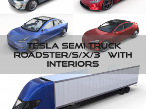 tesla pack semi roadster model s x 3 with interiors 3Dモデル