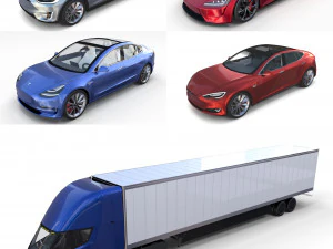 tesla pack semi roadster model s x 3 with interiors 3D Model