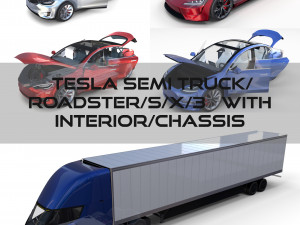 tesla packsemi roadster model s x 3 with interiors and chassis 3D मॉडल