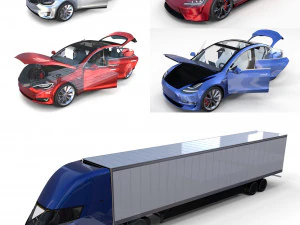 tesla packsemi roadster model s x 3 with interiors and chassis 3D Model