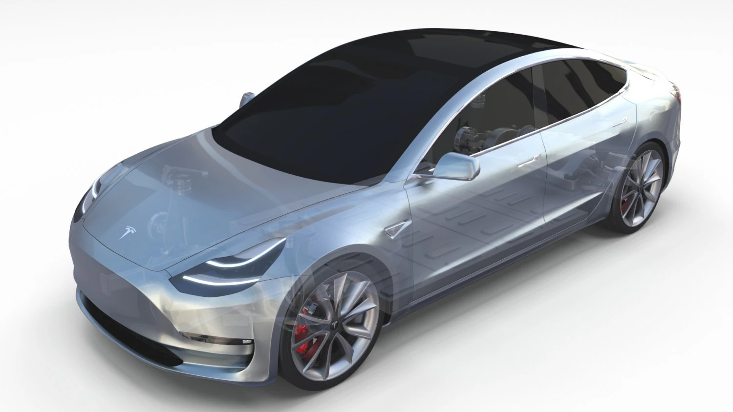 tesla model 3 with chassis silver 3D Model .c4d .max .obj .3ds .fbx .stl .blend