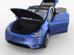 tesla model y awd blue with interior and chassis 3D मॉडल