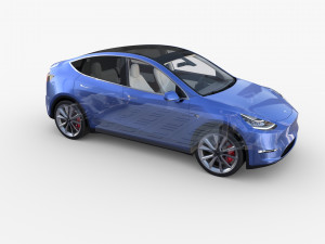 tesla model y awd blue with interior and chassis 3D मॉडल