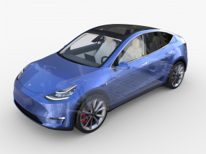 tesla model y awd blue with interior and chassis 3D मॉडल