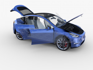 tesla model y awd blue with interior and chassis 3D मॉडल