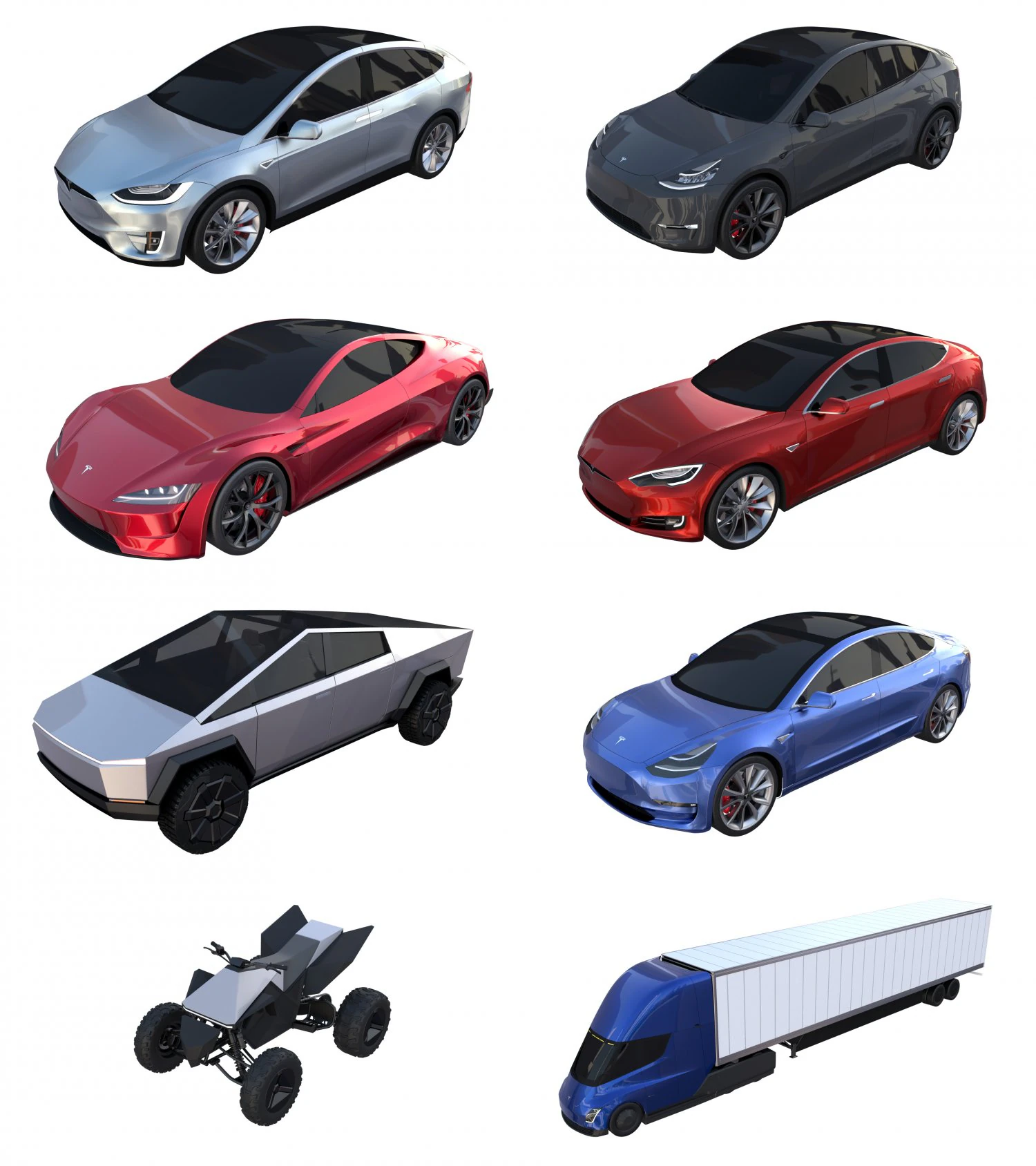 full tesla 2020 vehicle lineup 3D Model .c4d .max .obj .3ds .fbx .stl .blend 