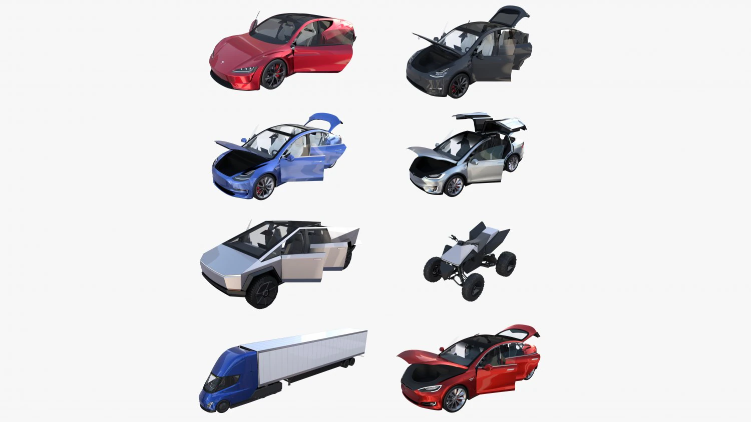 full tesla 2020 vehicle lineup with interiors 3D Model .c4d .max .obj .3ds .fbx .stl .blend 