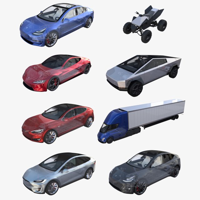 full tesla 2020 vehicle lineup with interiors and chassis Modelo 3D .c4d .max .obj .3ds .fbx .stl .blend 