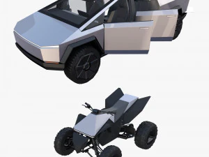 tesla cybertruck and cyberquad pack with interior 3D Model