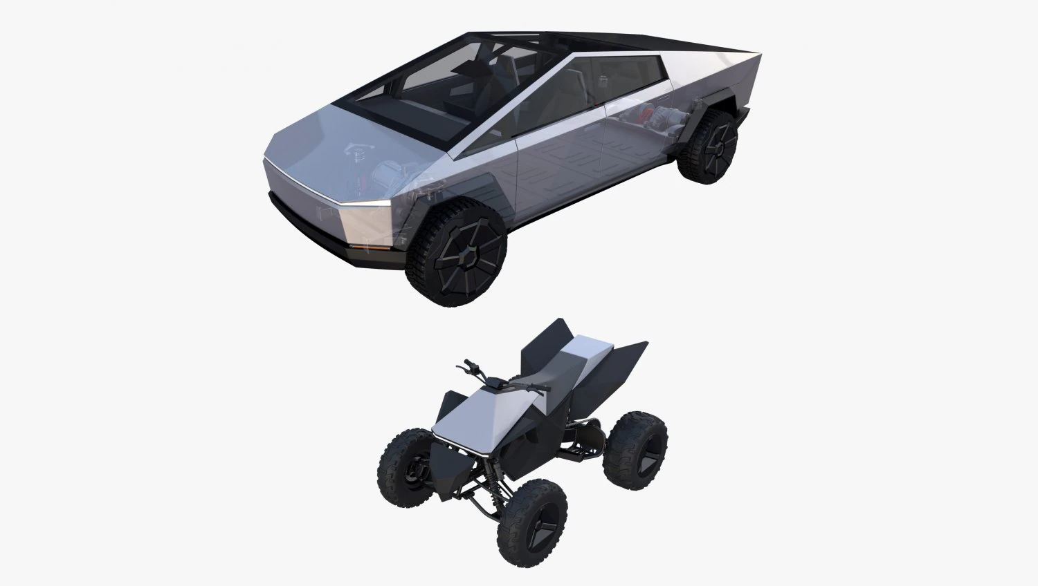 tesla cybertruck and cyberquad pack with interior and chassis 3D Model .c4d .max .obj .3ds .fbx .stl .blend 