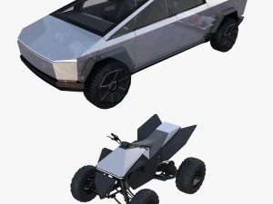 tesla cybertruck and cyberquad pack with interior and chassis 3D Model