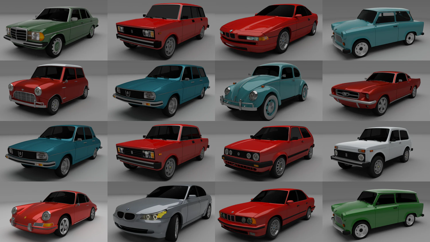 16 car megapack 3D Model .c4d .max .obj .3ds .fbx .stl .blend 
