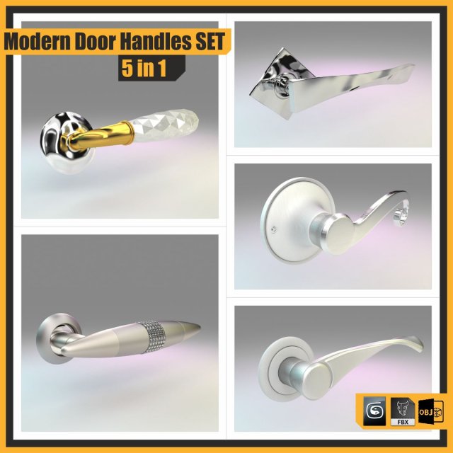 modern door handles set 5 in 1 3D Model .c4d .max .obj .3ds .fbx .stl .blend 