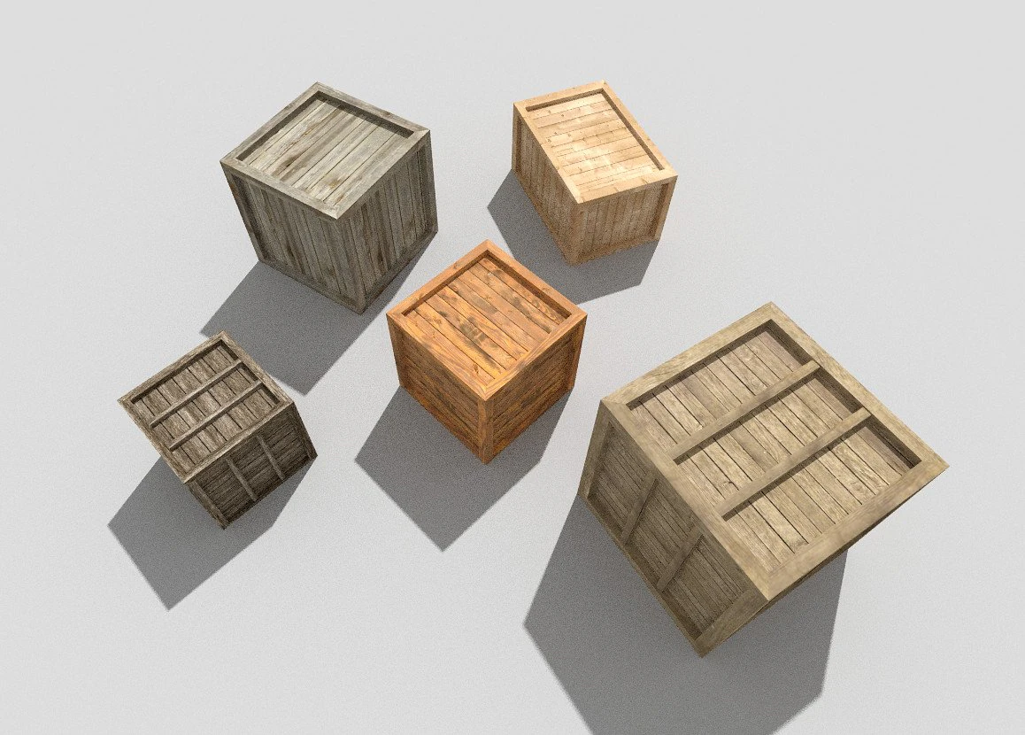 5 low poly wooden crates pack 3D Model .c4d .max .obj .3ds .fbx .stl .blend