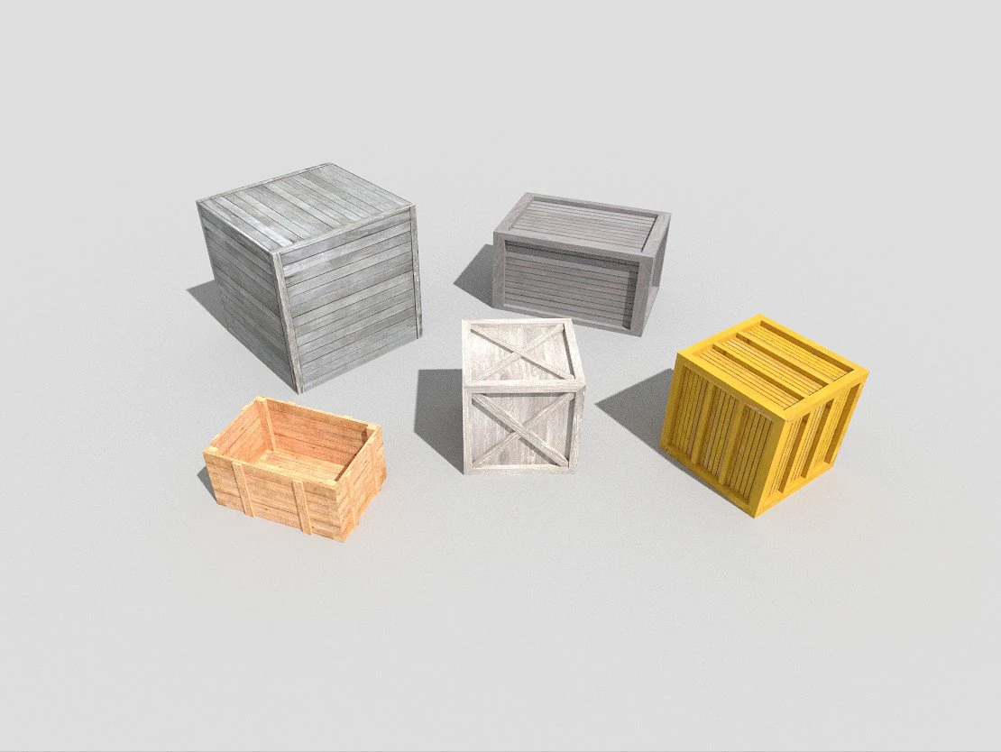 5 low poly wooden crates pack 3D Model .c4d .max .obj .3ds .fbx .stl .blend 