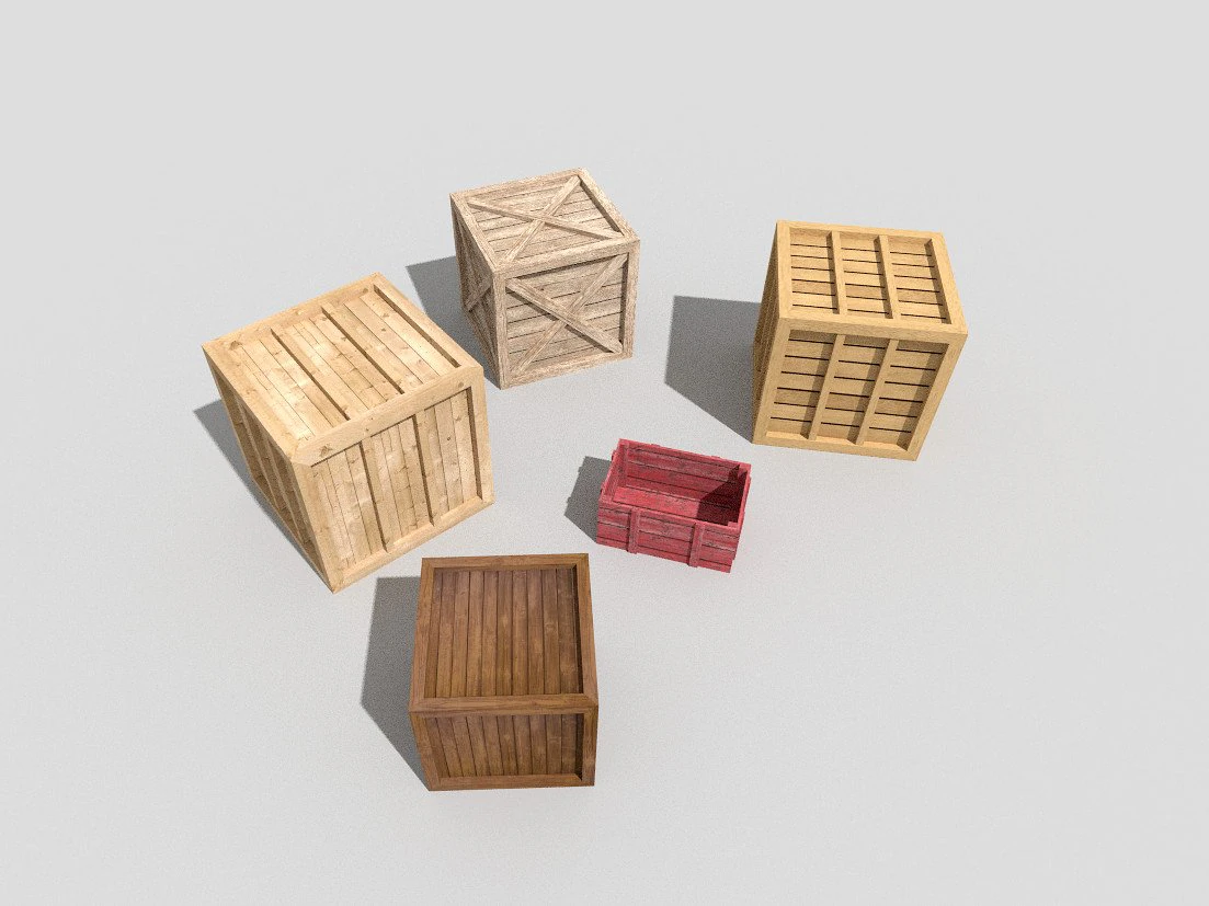5 low poly wooden crates pack 3D Model .c4d .max .obj .3ds .fbx .stl .blend