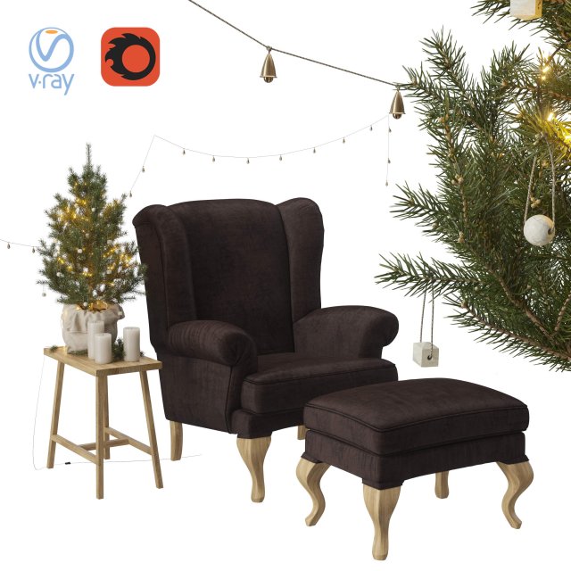 sprucetree with the hoffner wing chair and a pouf 3D Модель .c4d .max .obj .3ds .fbx .stl .blend 