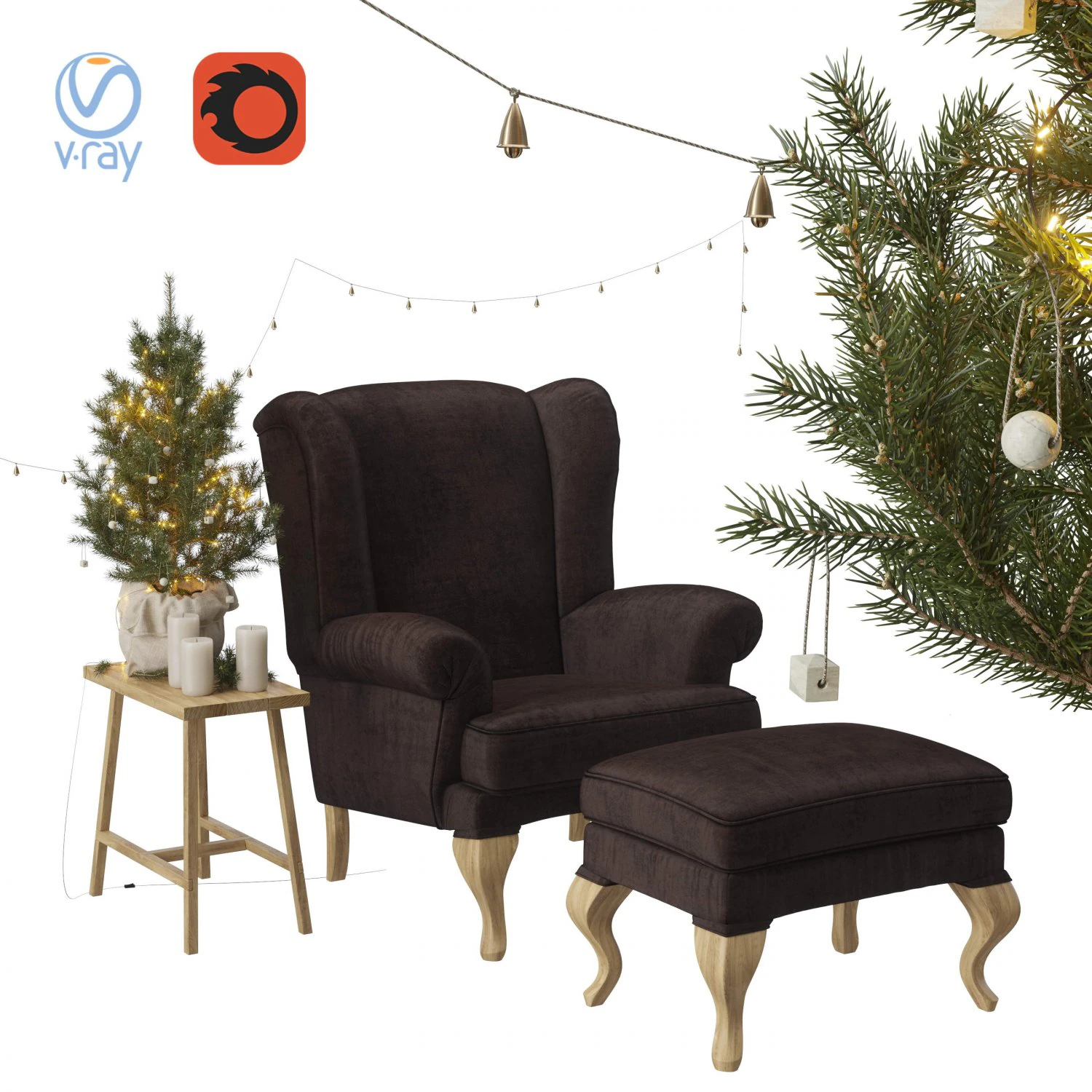 sprucetree with the hoffner wing chair and a pouf 3D Model .c4d .max .obj .3ds .fbx .stl .blend 