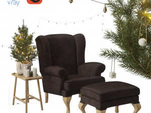 sprucetree with the hoffner wing chair and a pouf 3D 模型