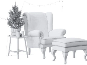 sprucetree with the hoffner wing chair and a pouf 3D Model