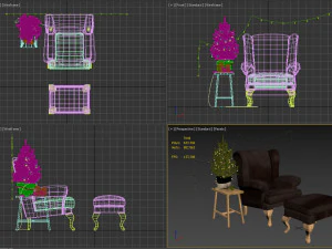 sprucetree with the hoffner wing chair and a pouf 3D Model