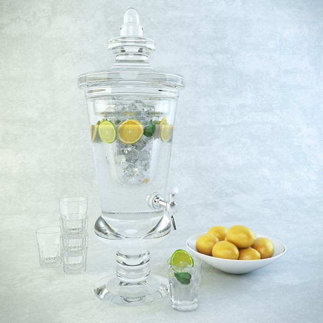 carafe of lemonade glasses and a plate with lemon 3D 모델 .c4d .max .obj .3ds .fbx .stl .blend 