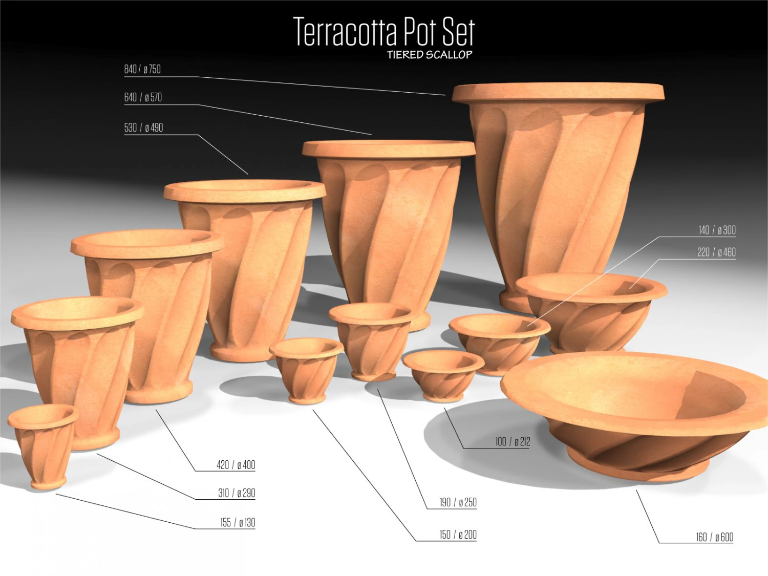 model  terracotta pot set tiered scallop 3D Model .c4d .max .obj .3ds .fbx .stl .blend 
