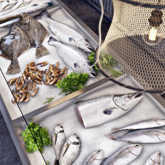 showcase with fish and seafood 3D Model .c4d .max .obj .3ds .fbx .stl .blend 