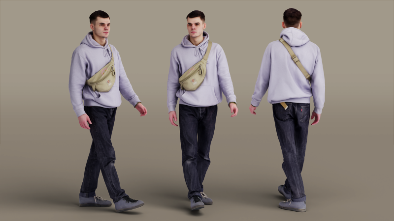 Guy in Lilac Hoodie Is Walking 3D Model .c4d .max .obj .3ds .fbx .stl .blend 