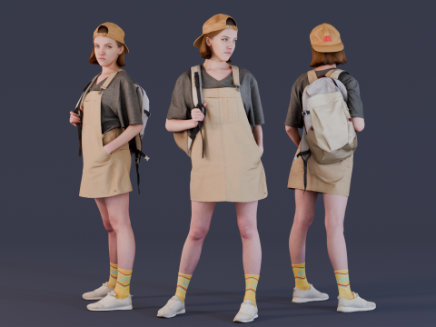 Girl in Jumpsuit-dress with Backpack 3D Model