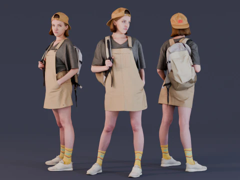 Fille en robe-combinaison avec sac &agrave; dos Modèle 3D