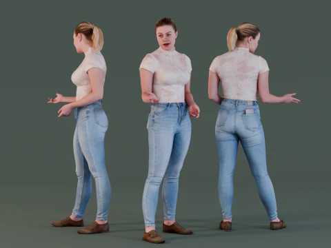 Garota de jeans apertado e blusa rosa conversando Modelo 3D