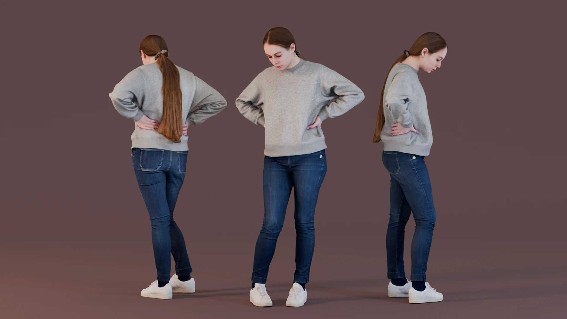 Standing Girl in Sweatshirt and Jeans 3D Model .c4d .max .obj .3ds .fbx .stl .blend