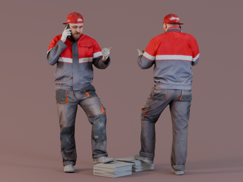 Bald Worker in Overalls Talking 3Dモデル