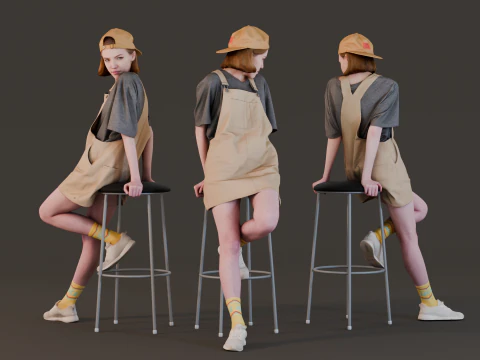 Teen Girl Leans on a Bar Stool 3D Model