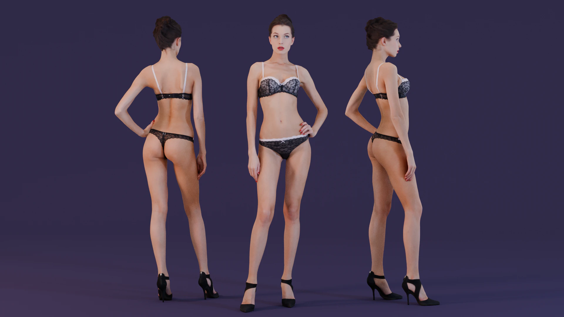Lingerie Model in Black Lace Set 3D Model .c4d .max .obj .3ds .fbx .stl .blend 