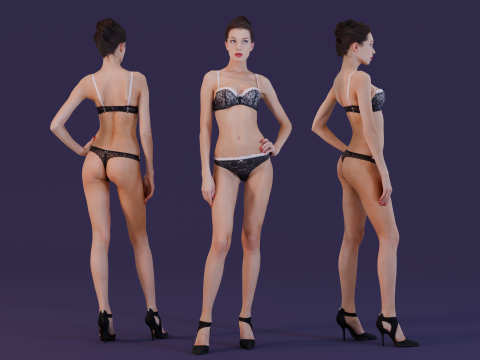 Lingerie Model in Black Lace Set 3Dモデル