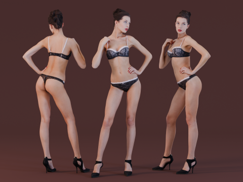 Stylish Woman in Black Lace Lingerie 3Dモデル