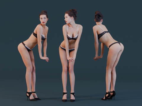 Elegant Woman in Black Lace Lingerie 3Dモデル