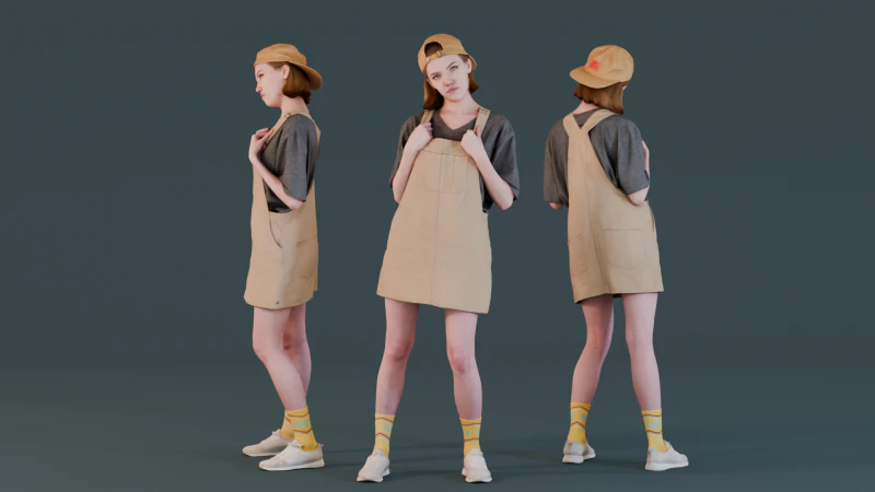 जंपसूट-ड्रेस में लड़की खड़ी है 3D मॉडल .c4d .max .obj .3ds .fbx .stl .blend 