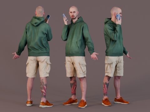 Surprised Bald Guy with Owl Tattoo 3D Model