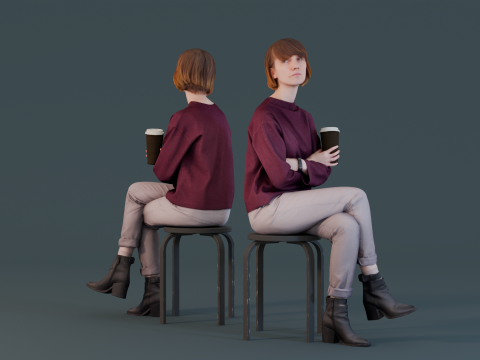 Casual Woman Seated with Coffee Cup 3D Model