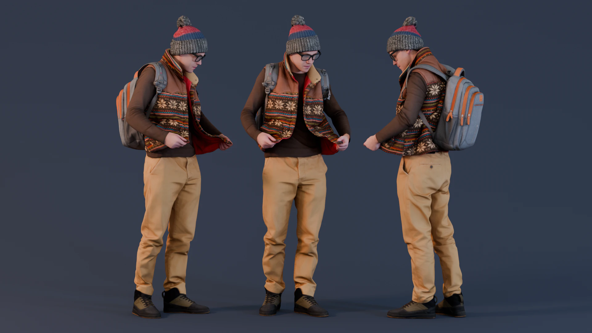 Winter Student with Backpack Adjusting Jacket 3D Model .c4d .max .obj .3ds .fbx .stl .blend 