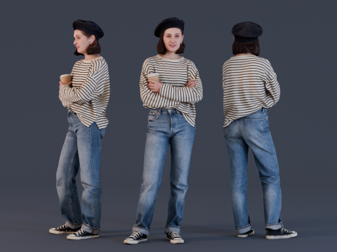 Girl in a Beret with Coffee 3D Model