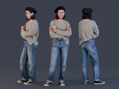 Chica con boina con caf&eacute; Modelo 3D