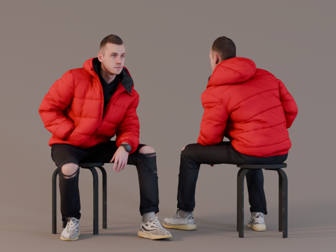 Guy in Red Puffer Jacket and Jeans with Torn Knees Sitting 3D मॉडल
