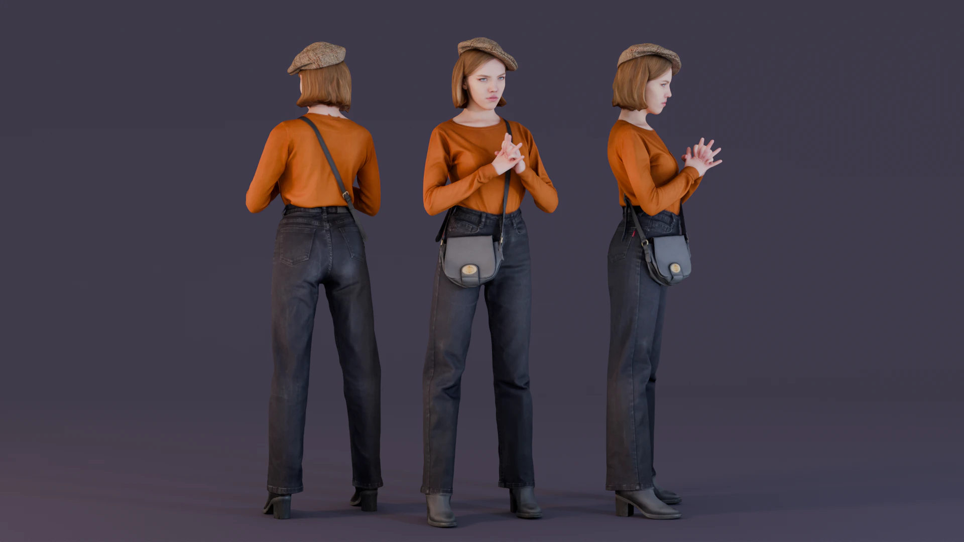Casual Elegance Woman in Orange Sweater and Plaid Cap 3D Model .c4d .max .obj .3ds .fbx .stl .blend 