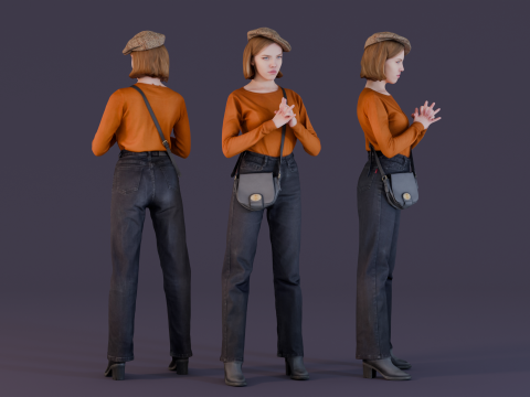 Casual Elegance Woman in Orange Sweater and Plaid Cap 3Dモデル