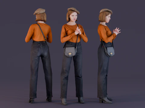 Повсякденна елегантна жінка в помаранчевому светрі та картатій кепці 3D Модель